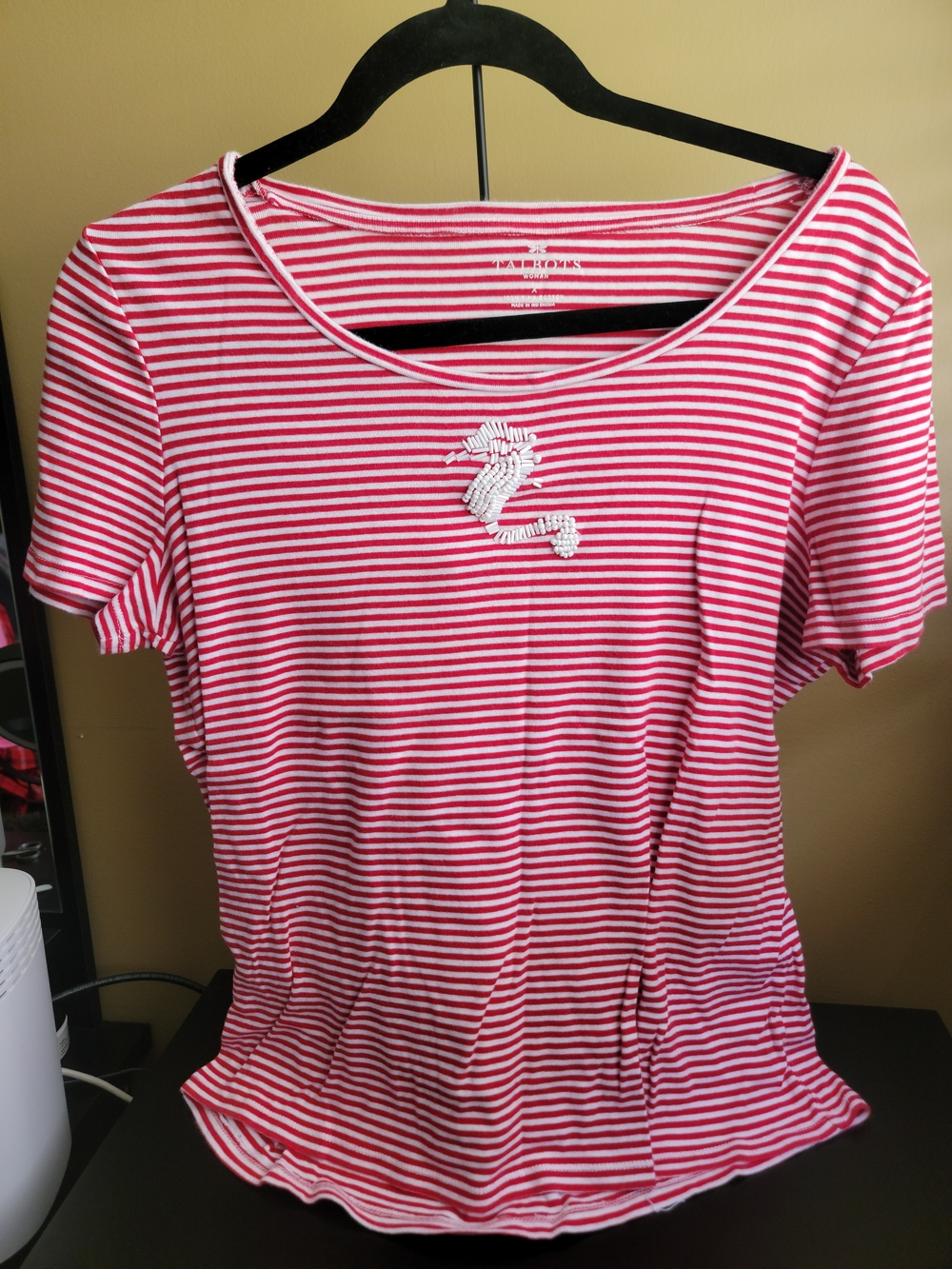 Talbots Red and White Striped Short-Sleeve Tee with White Embroidered Seahorse
